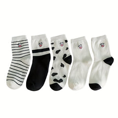 5 Pairs Cartoon Cow Print Socks Women's Mid Tube Stockings