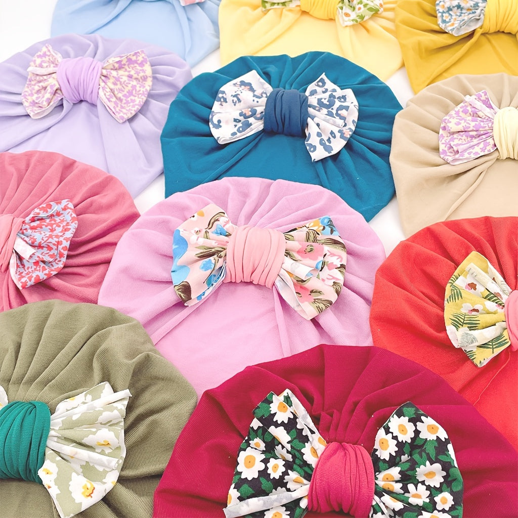 Newborn Infant Flowers Graphic Bow Decor Turban Hat Cap