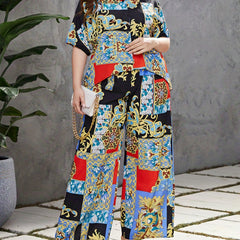  Colorblock Baroque Print Blouse & Wide Leg Pants Outfits 2 Piece Set