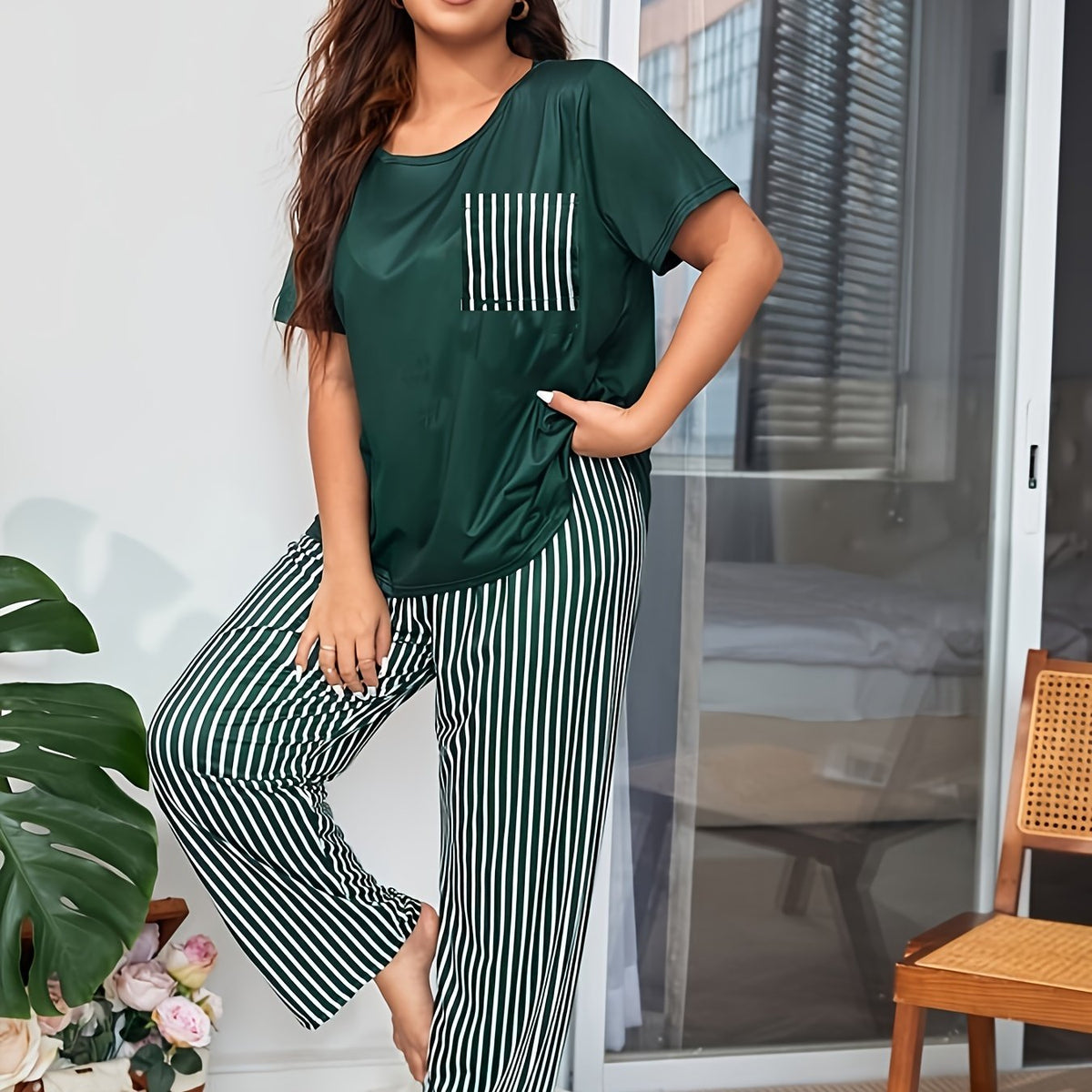  Striped Tee & Pants Loungewear Set