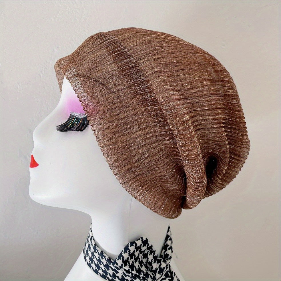 Pleated Mesh Beanie Thin Breathable Turban Cap Head Wrap Chemo Hats