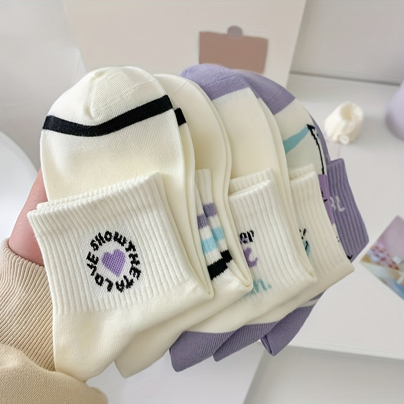 5 Pairs Floral & Heart Print Socks Women's Stockings