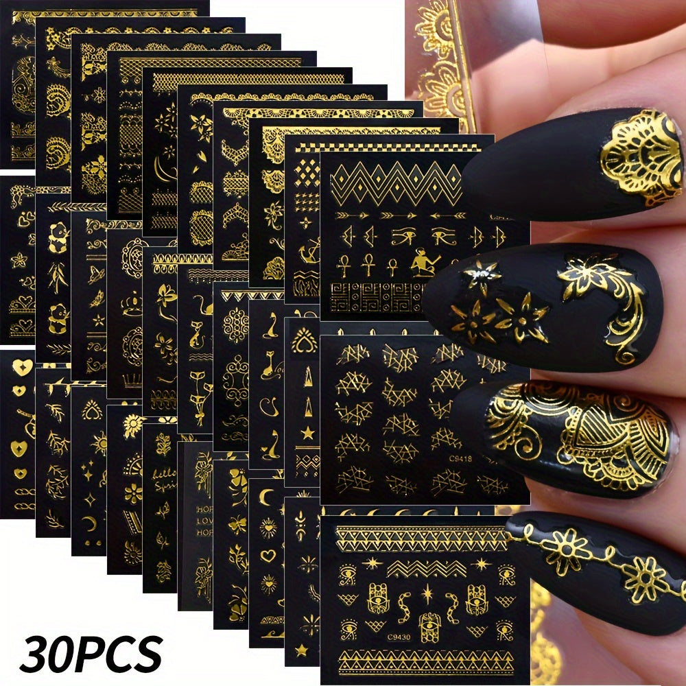 30pcs Golden Foil Nail Art Stickers Set Self Adhesive Metallic Decals
