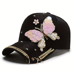 Sequin Butterfly Y2K Baseball Cap Rhinestone Faux Pearl Ring Decor
