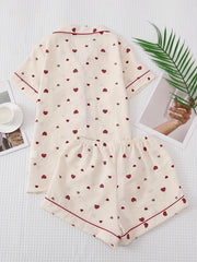 Heart Print Pajama Set Top & Shorts Elastic Waistband Women's Sleepwear