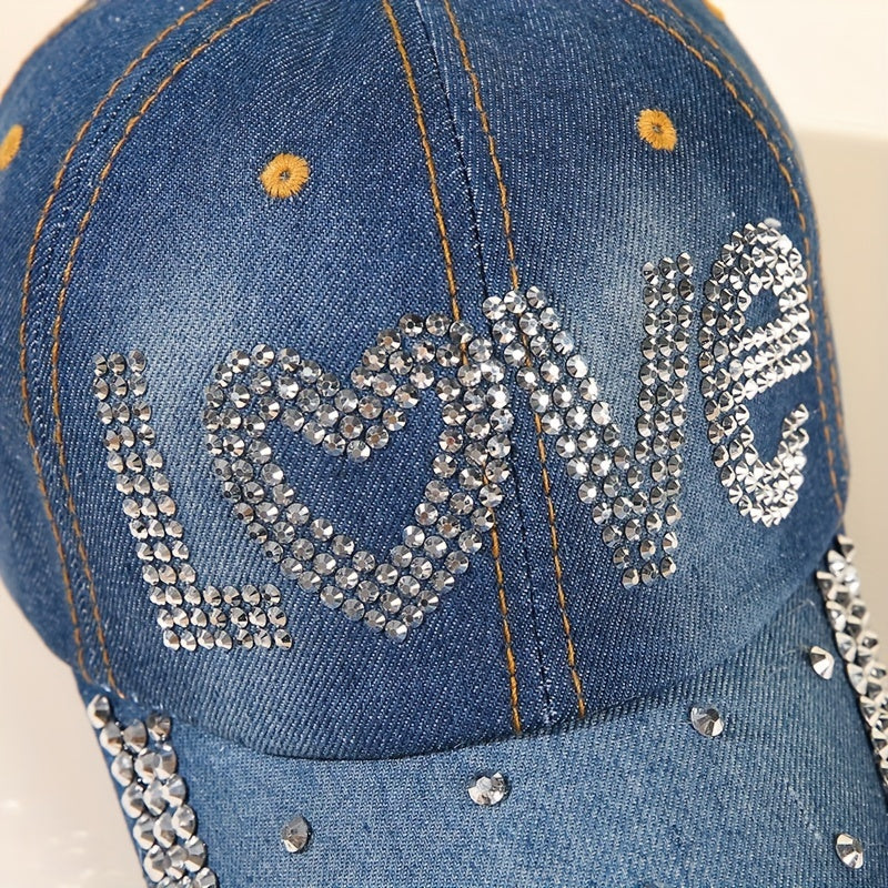 LOVE Rhinestone Denim Baseball Cap Distressed Y2K Dad Hats