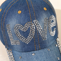 LOVE Rhinestone Denim Baseball Cap Distressed Y2K Dad Hats