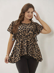  Leopard Print Ruffle Sleeve Peplum Top