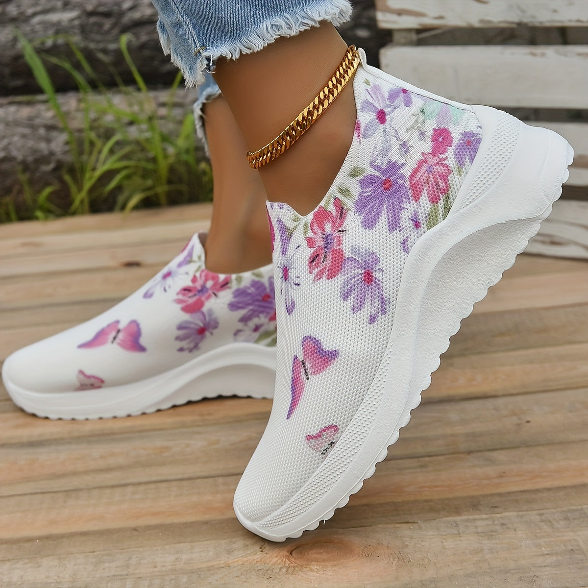 Women's Floral & Butterfly Print Slip-On Sneakers Breathable Knit Sock Shoes