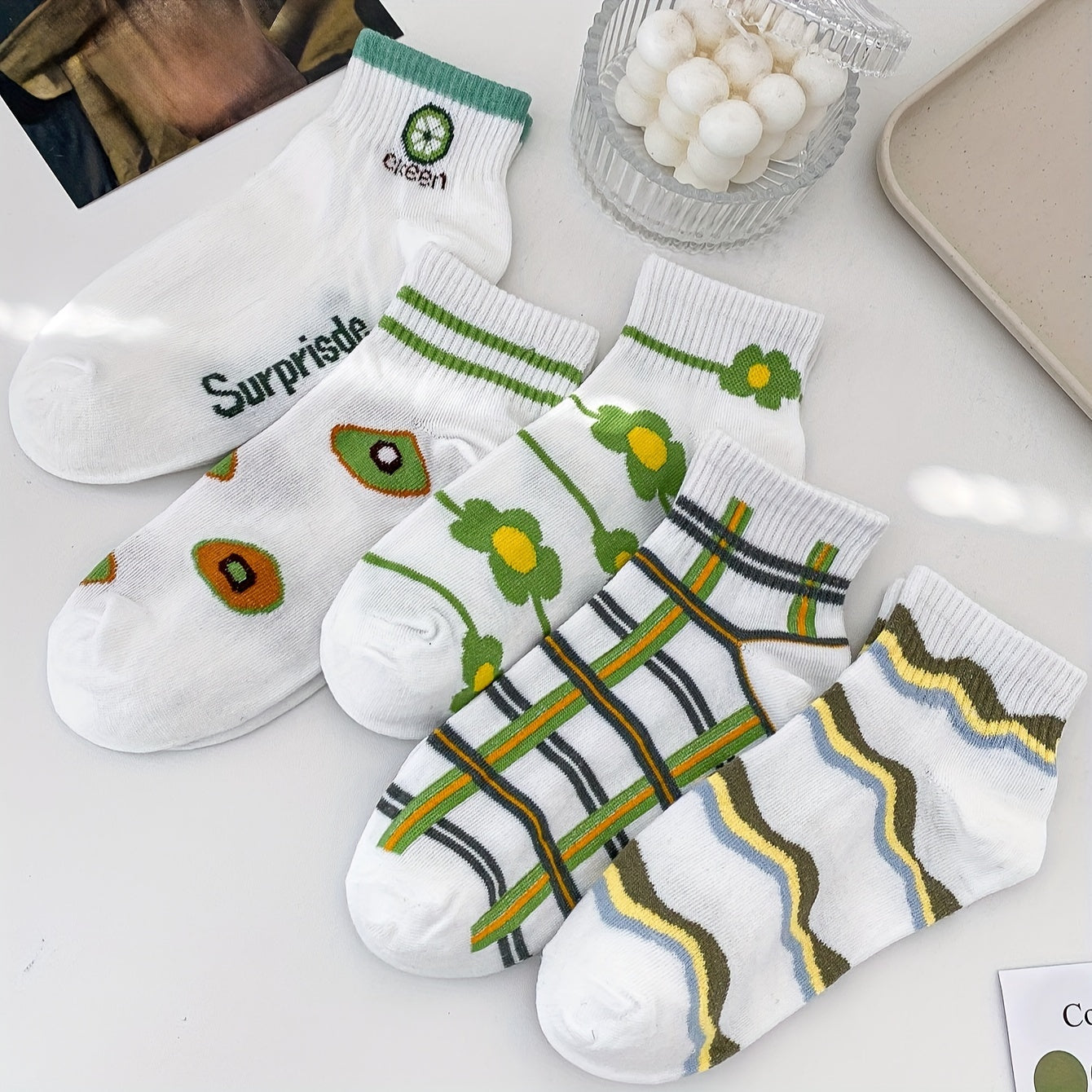 5 Pairs Cartoon Striped Low Cut Socks for Women