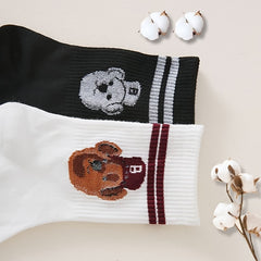 2 Pairs Cartoon Bear Print & Striped Crew Socks Women's Stockings