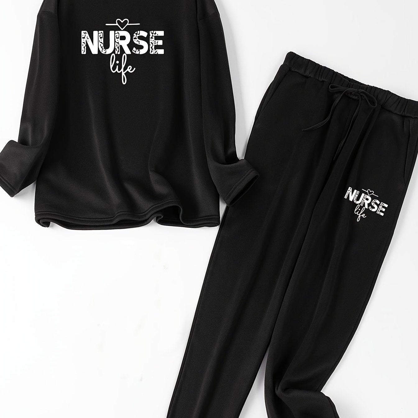  Lounge Set Women's Plus Heart & Letter Print Long Sleeve