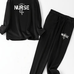  Lounge Set Women's Plus Heart & Letter Print Long Sleeve