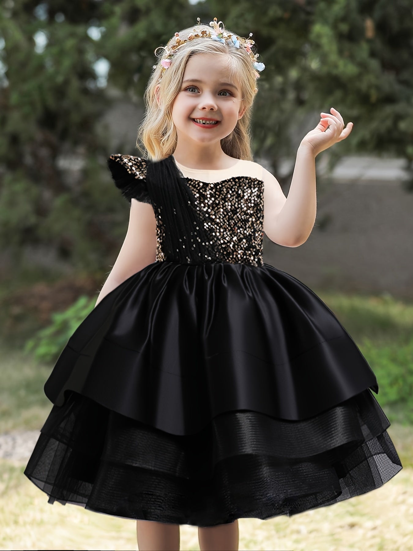 Girls Puffy Princess Dress Sequin Ruffle Tulle Tutu Dress