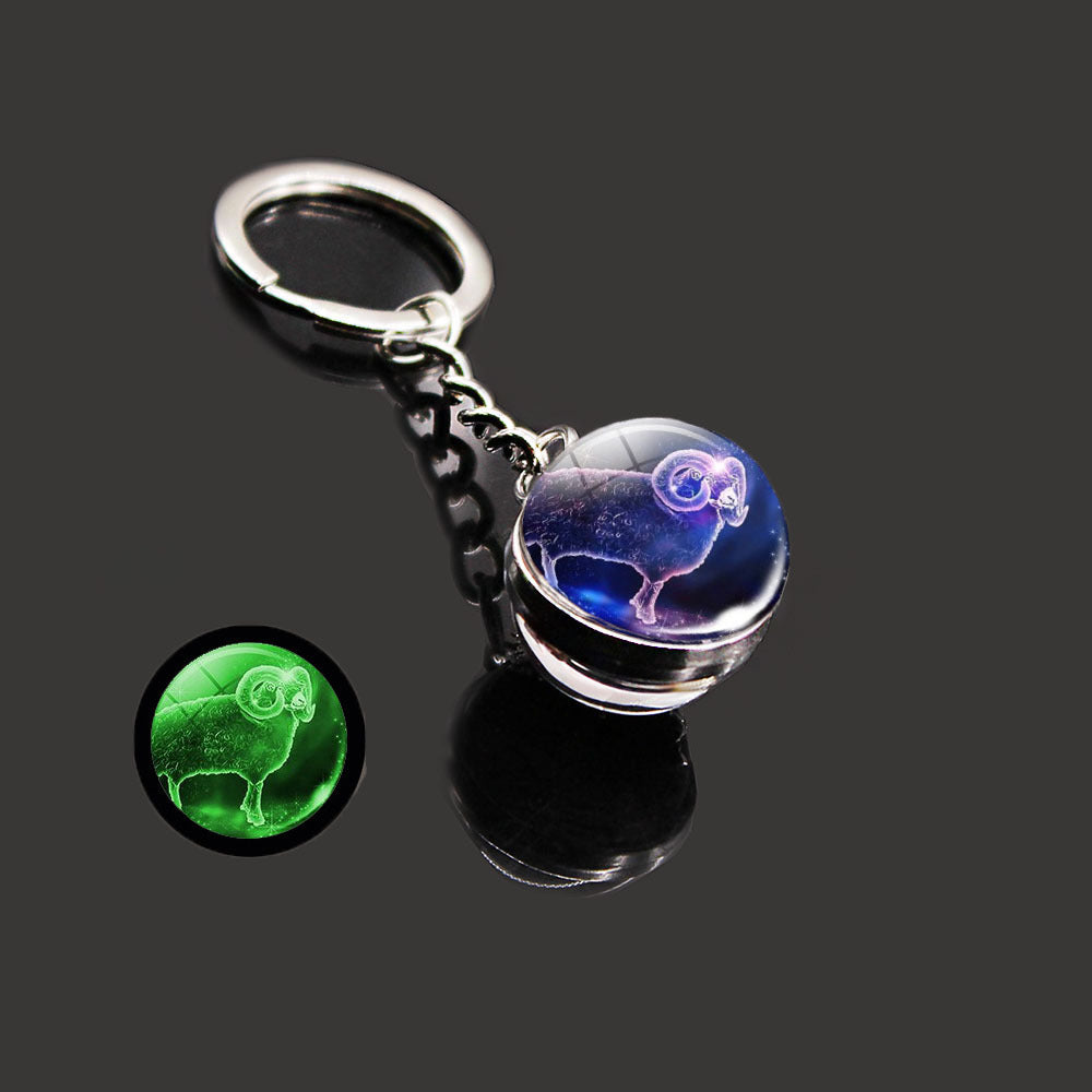 12 Constellation Luminous Keychain Time Stone Glass Ball Pendant Gift