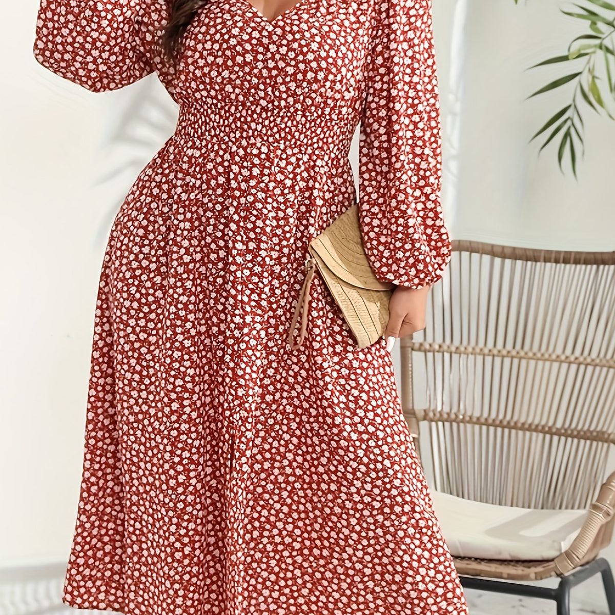  Ditsy Floral Print Long Sleeve V Neck Dress