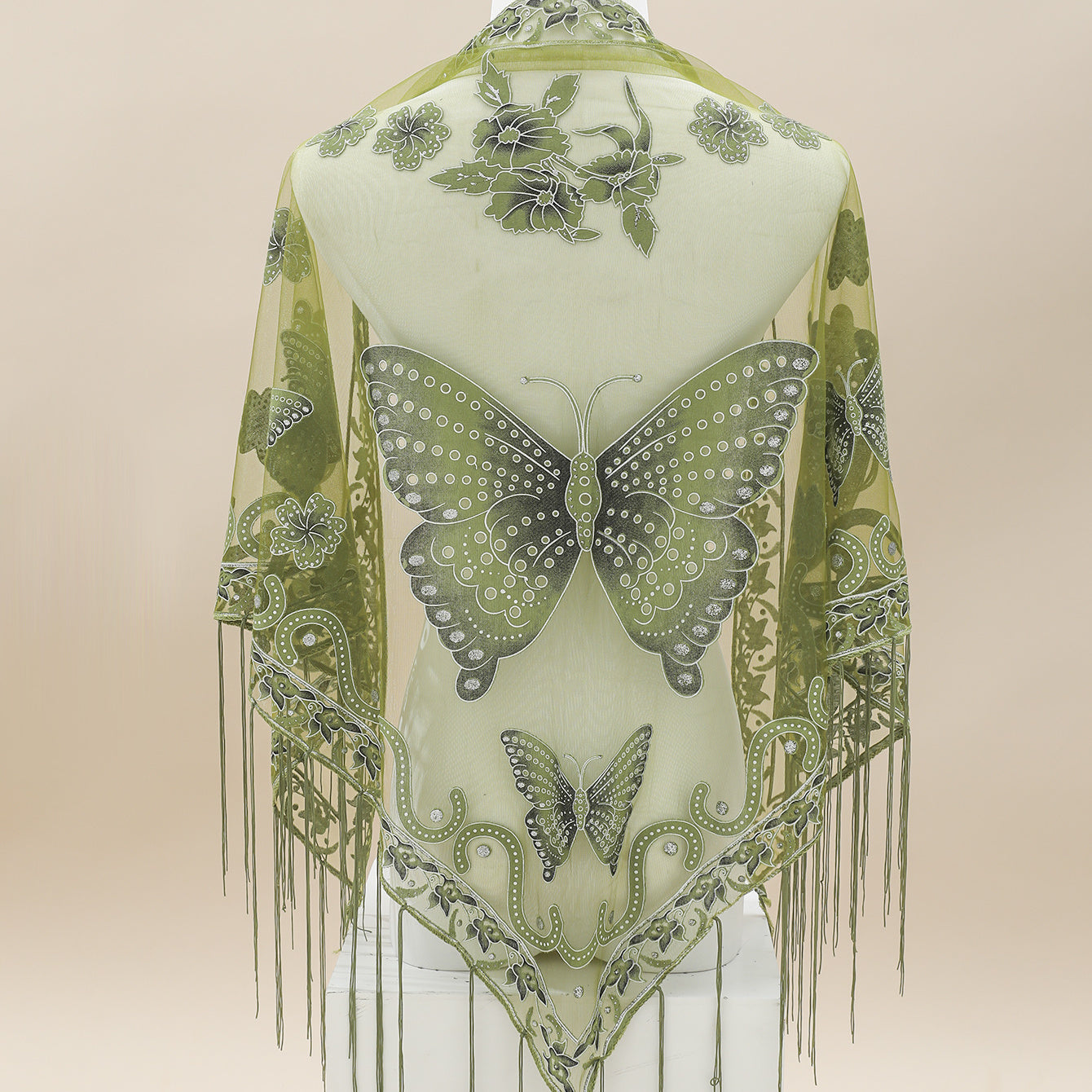 Triangle Scarf Butterfly Flower Embroidery Lace Tassel Shawl