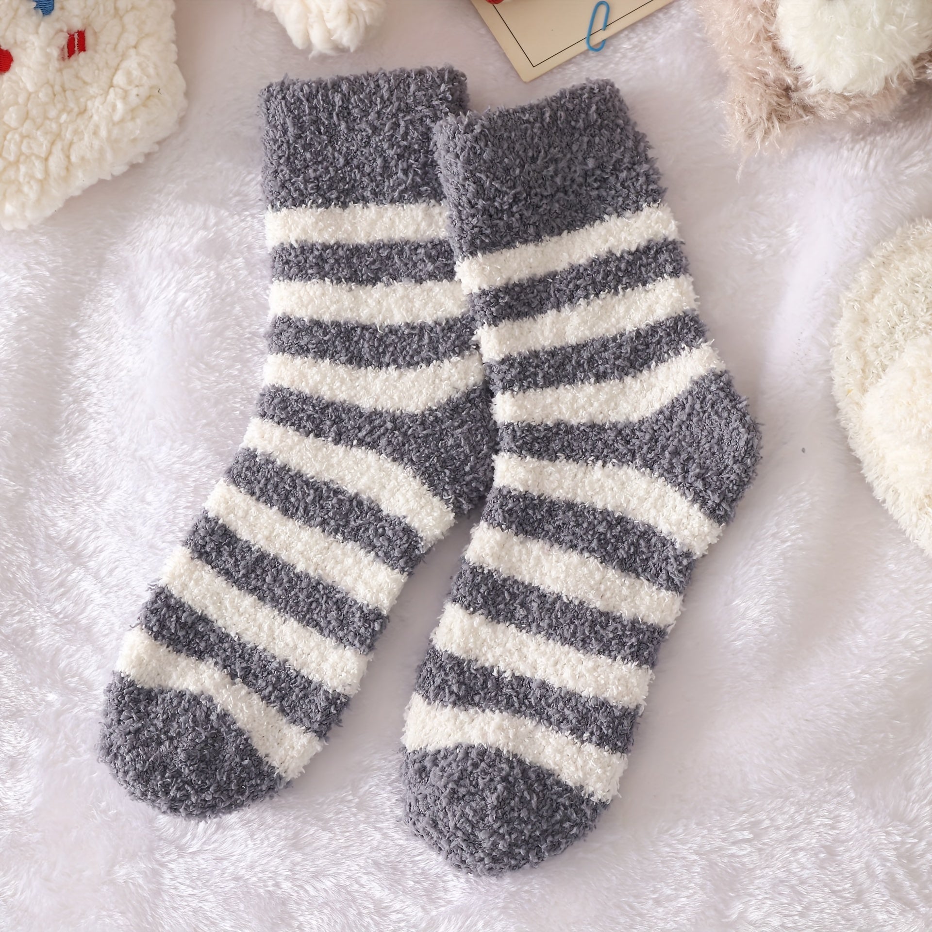 5 Pairs Striped Fuzzy Socks Comfy & Warm Mid Tube Stockings