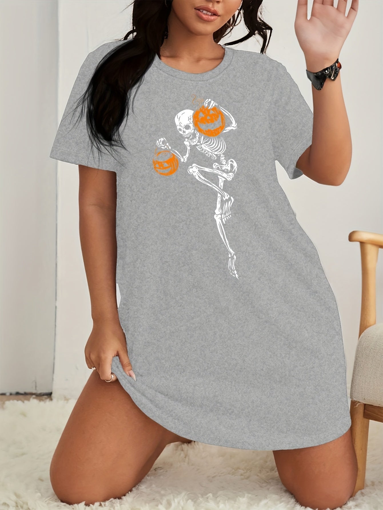  Halloween Lounge Dress Women's Pumpkin & Skull Print Nightdress