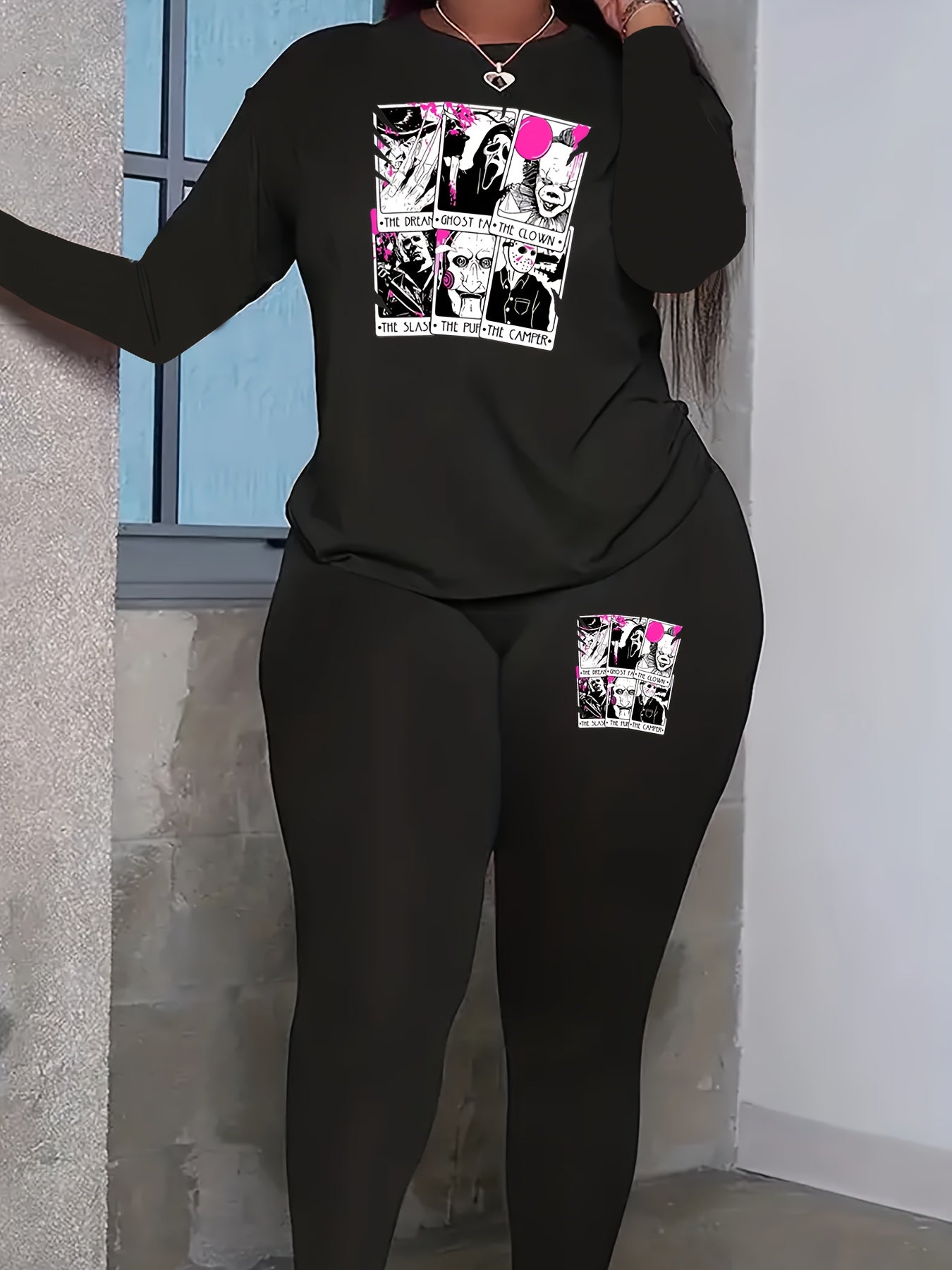 Women's Horror Figure & Letter Print 2 Piece Set Plus Size Halloween Casual Outf