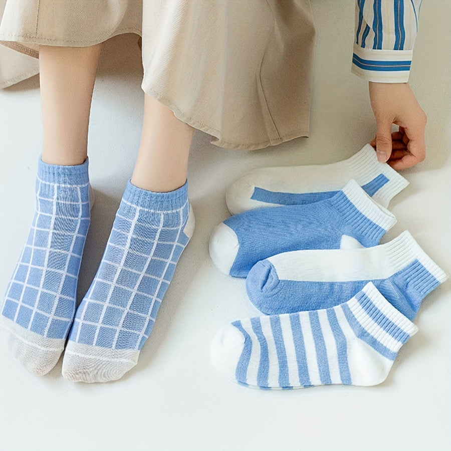 5 Pairs Soft & Lightweight Plaid & Striped Ankle Socks Women's Stockings