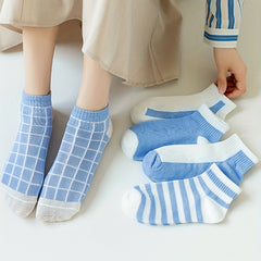 5 Pairs Soft & Lightweight Plaid & Striped Ankle Socks Women's Stockings
