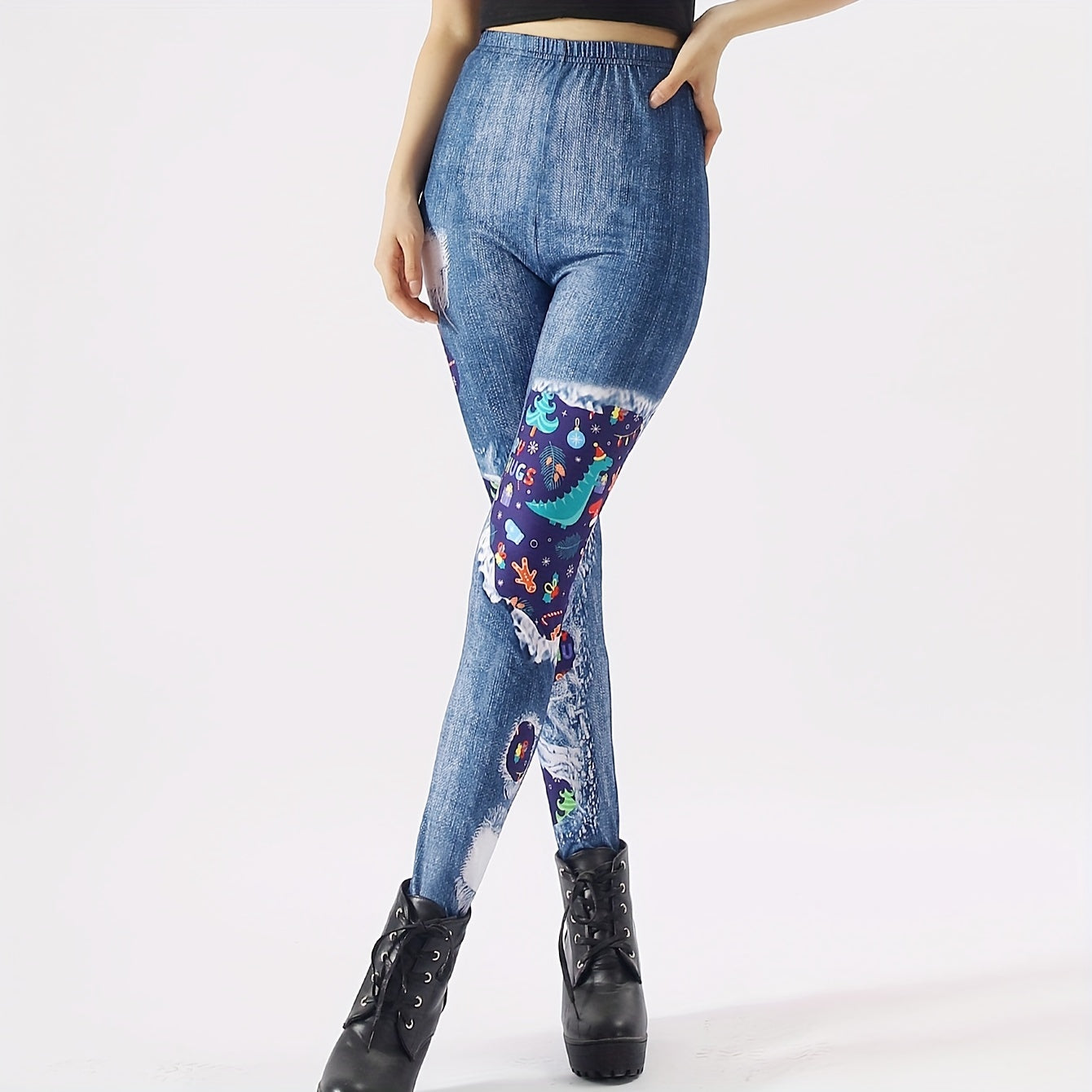 Christmas Print Tights Opaque High Waist Elastic Leggings Women's Stockings