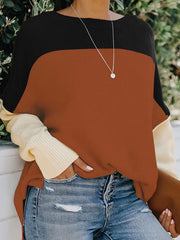  Colorblock Long Sleeve Round Neck Sweater