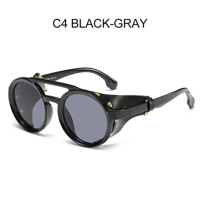 Vintage Round Frame Punk Steam Leather Sunglasses