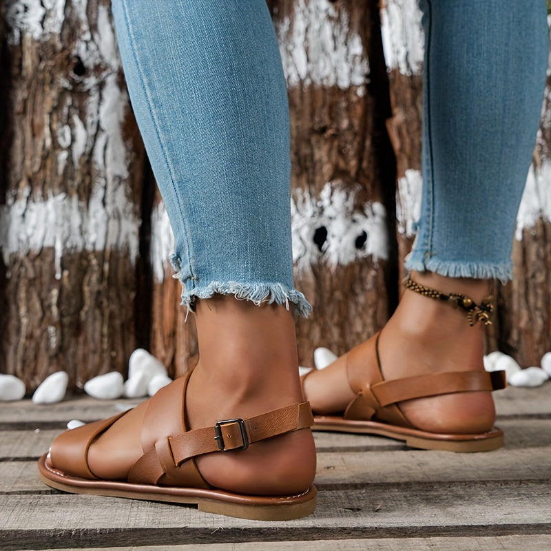 Women's Ankle Buckle Strap Sandals Faux Leather Open Toe Slingback Shoes