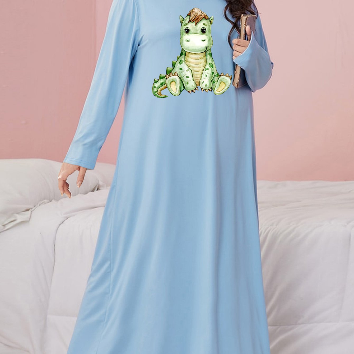  Dinosaur Print Nightdress Long Sleeve Loose Fit