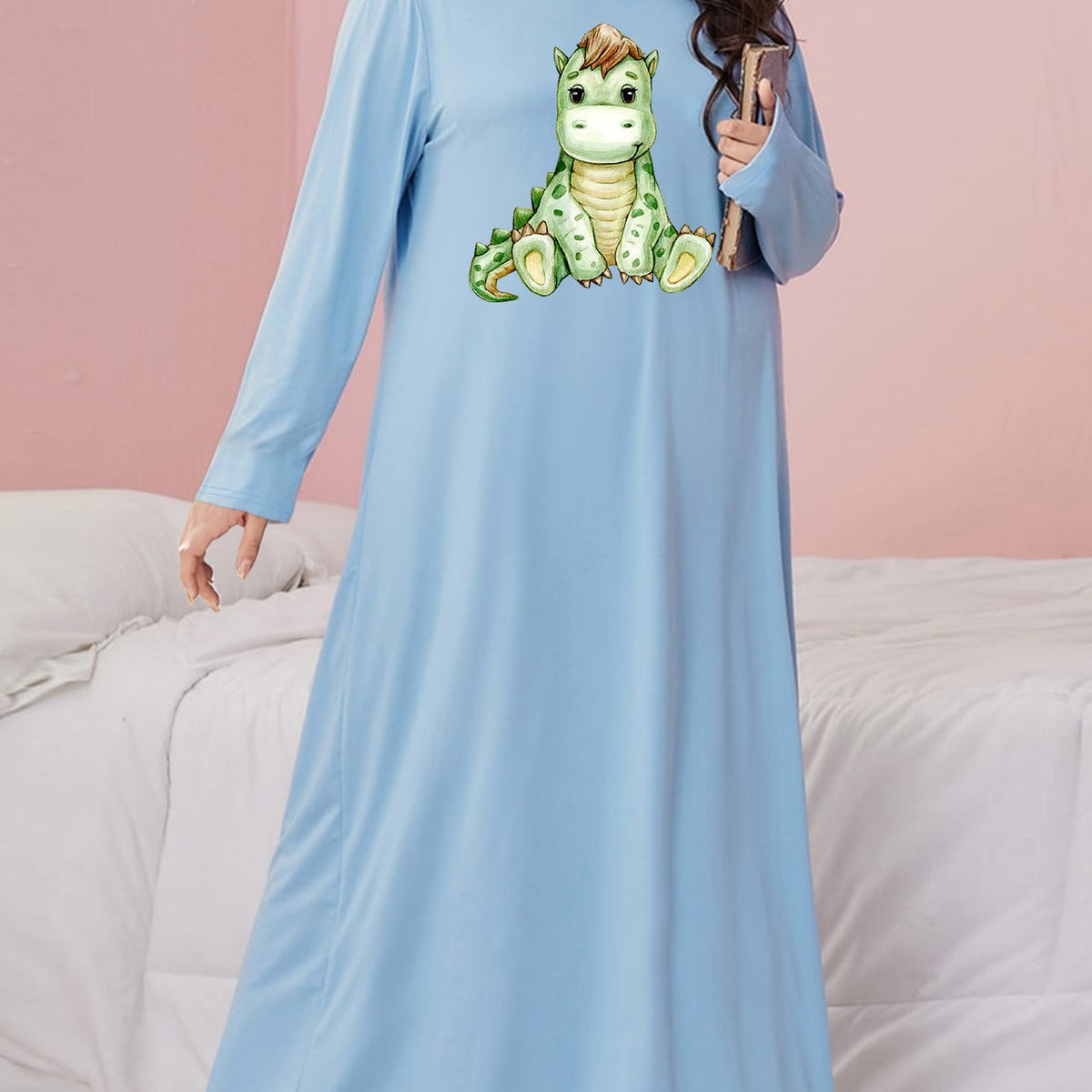  Dinosaur Print Nightdress Long Sleeve Loose Fit
