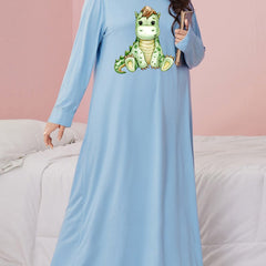  Dinosaur Print Nightdress Long Sleeve Loose Fit