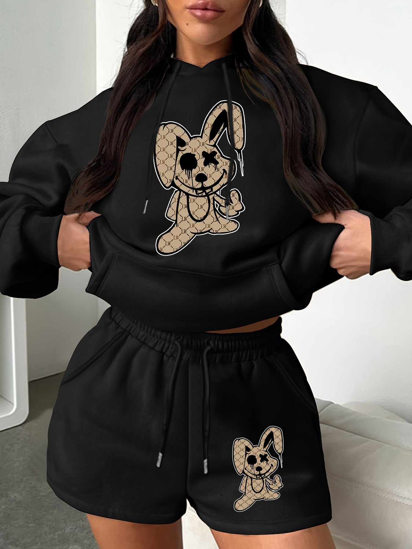  Rabbit Print Hoodie & Shorts 2 Piece Set