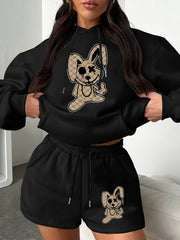  Rabbit Print Hoodie & Shorts 2 Piece Set