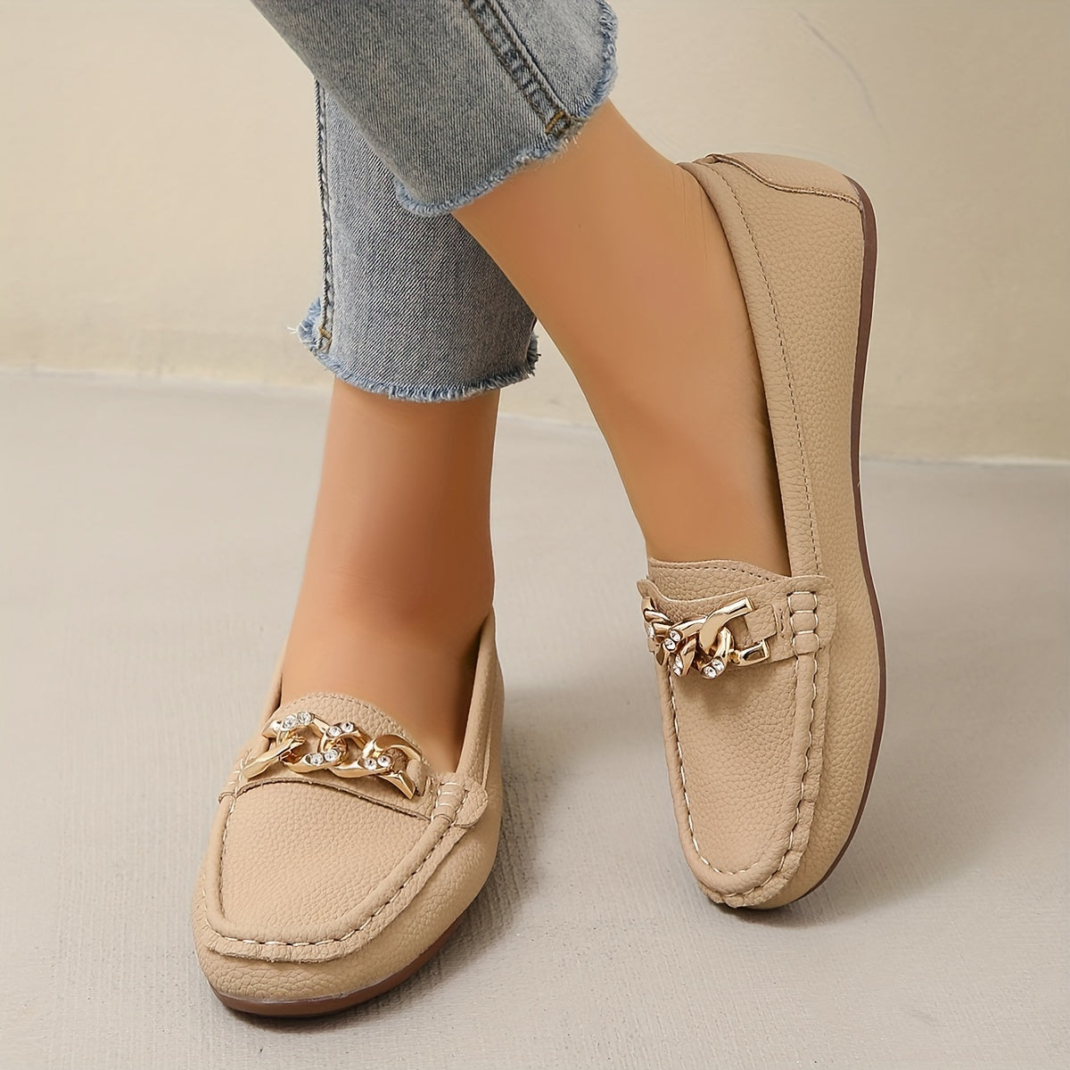Chain Decor Flat Loafers with Rhinestone Soft Sole Slip On Shoes