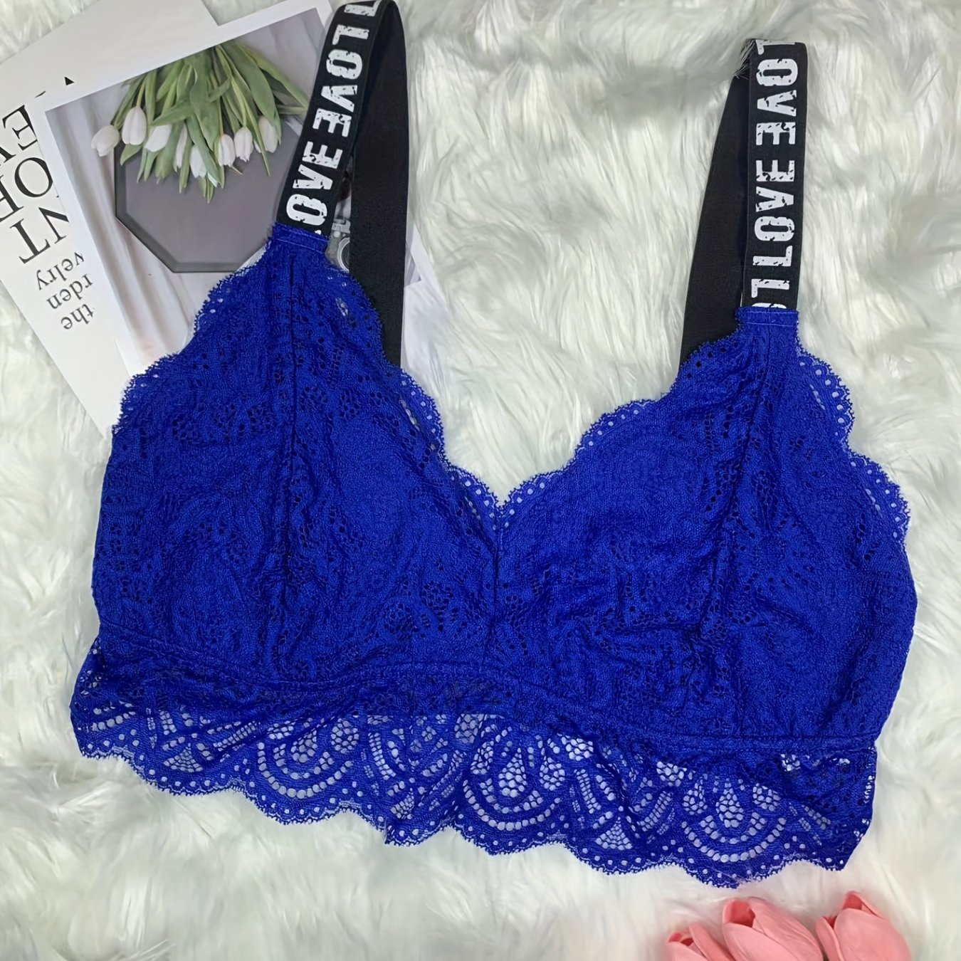 Plus Size Sexy Bra Women's Plus Letter Tape Floral Lace Wireless Bralette