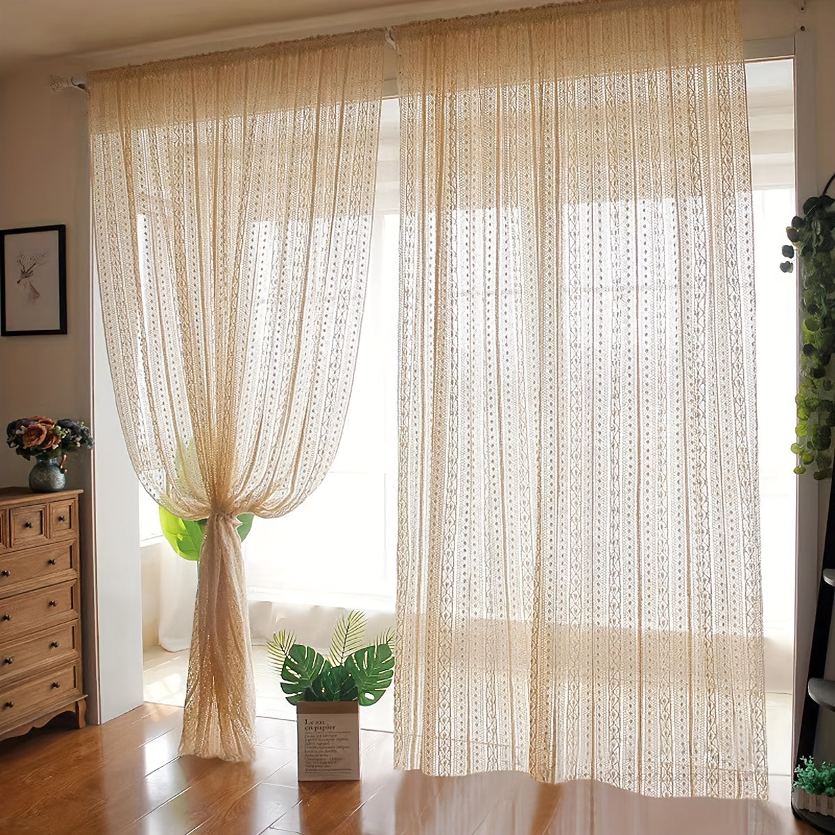 Japanese Style Hollow Striped Sheer Curtain Crochet Style Argyle Pattern