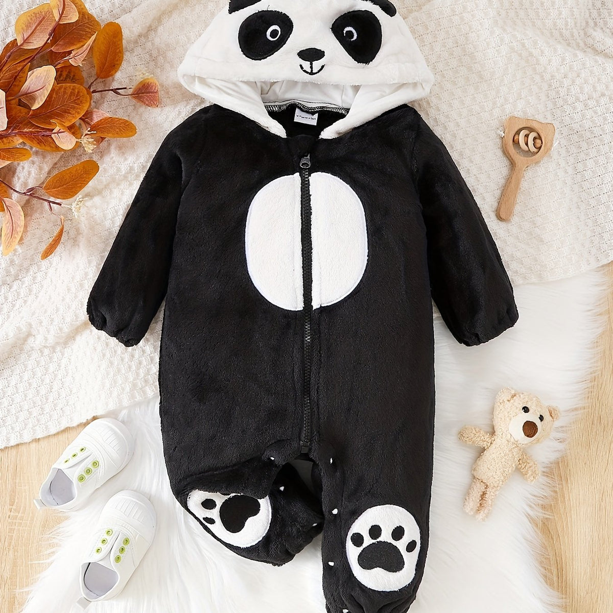 Panda Shape Embroidered Long Sleeve Creeper Fleece Zip Up Hood