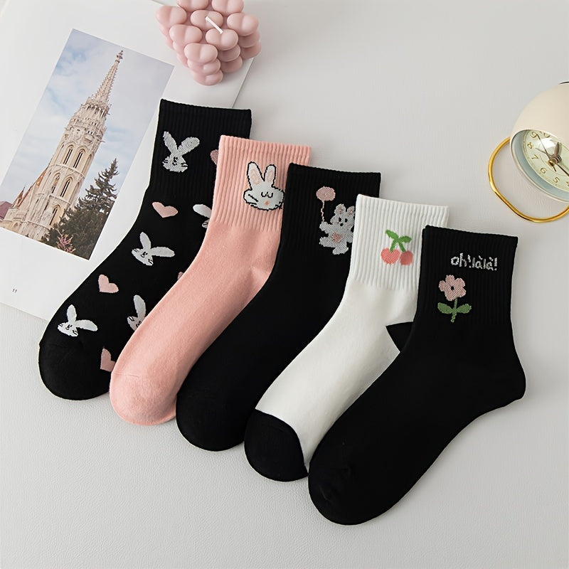 5 Pairs Bunny & Floral Print Socks Mid Tube Socks Women's Stockings