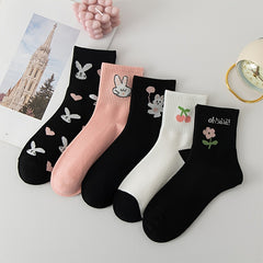 5 Pairs Bunny & Floral Print Socks Mid Tube Socks Women's Stockings