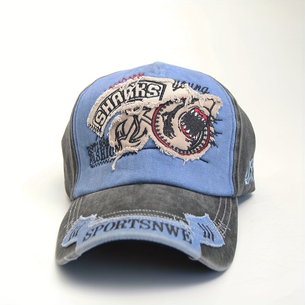 Vintage Washed Embroidery Shark Letter Baseball Cap Men's Sun Visor