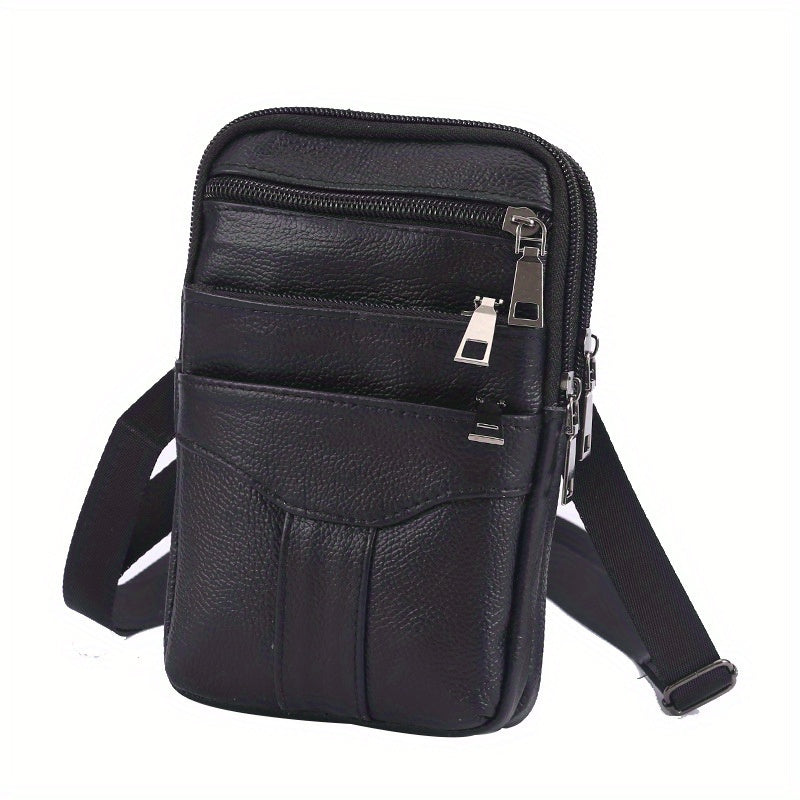 Men's Diagonal Mobile Phone Leather Waist Bag Double Zipper
