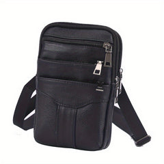 Men's Diagonal Mobile Phone Leather Waist Bag Double Zipper
