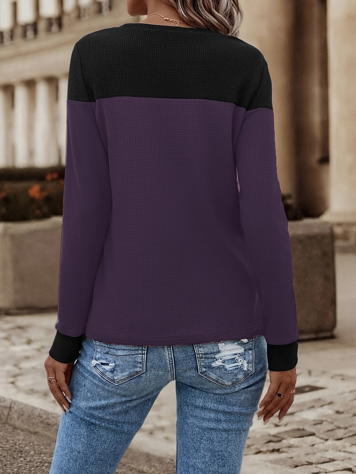  Colorblock Knit Top Long Sleeve Button Decor Crew Neck Waffle