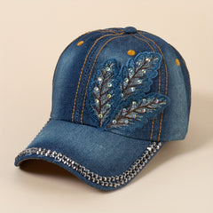 Denim Washed Baseball Cap Butterfly Feather Patch Distressed Casual Dad Hats