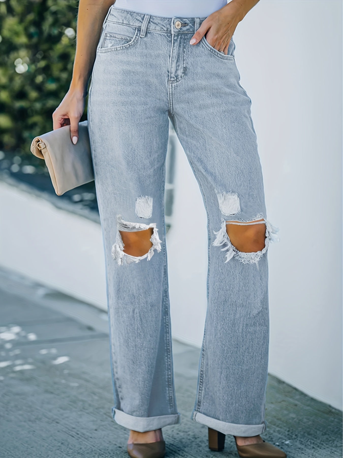  Ripped High Rise Button Fly Straight Leg Jeans