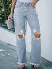  Ripped High Rise Button Fly Straight Leg Jeans