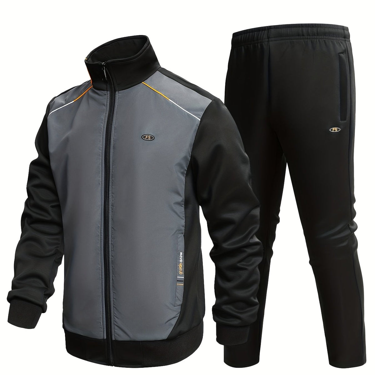 Men's Sports Suit Block Stand Collar Zip Up Jacket & Elastic Waist Pants