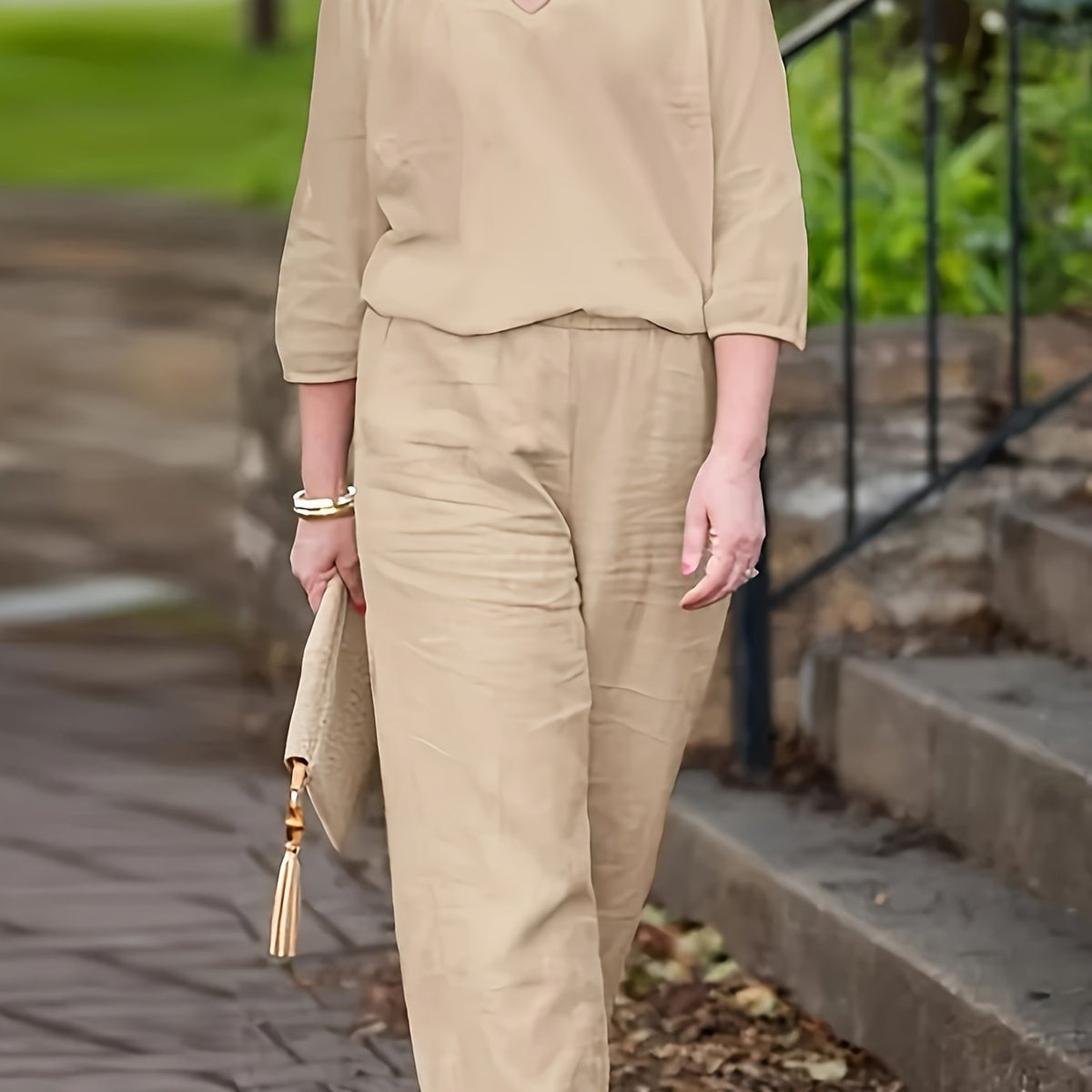  Long Sleeve Notched Neck Top & Wide Leg Pants Set